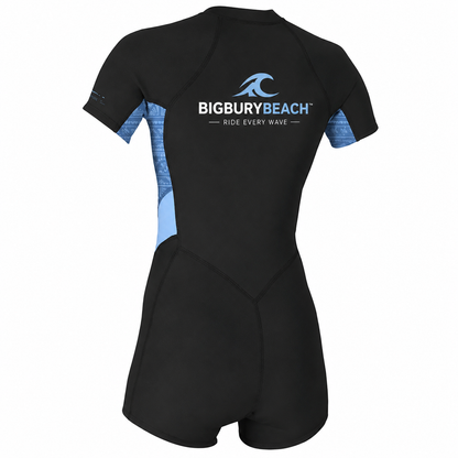 BIGBURYBEACH Women's Short Sleeve Front Zip Wetsuit Surf Suit Black & Blue