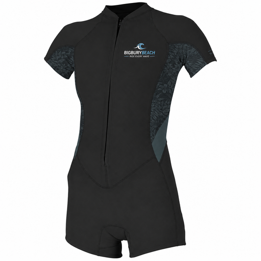 BIGBURYBEACH Women's 2mm Front Zip Shorty Wetsuit Black Floral
