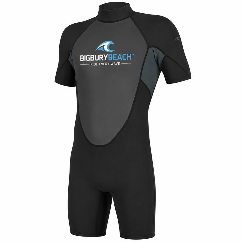 BIGBURYBEACH Men's Short Sleeve Wetsuit Black Grey Surf Suit